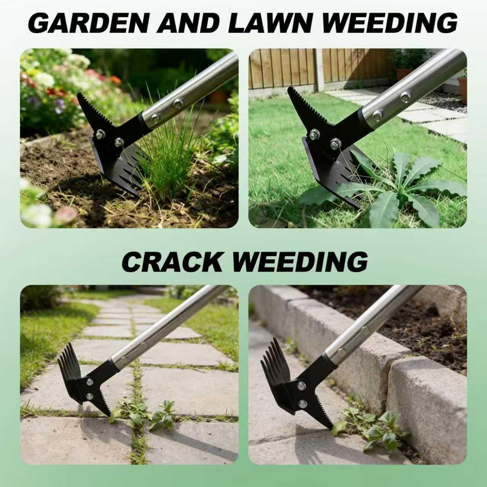Weed Puller 61" Adjustable Long Handle, 2-In-1 Weed Rake & Crack Weeder with Det