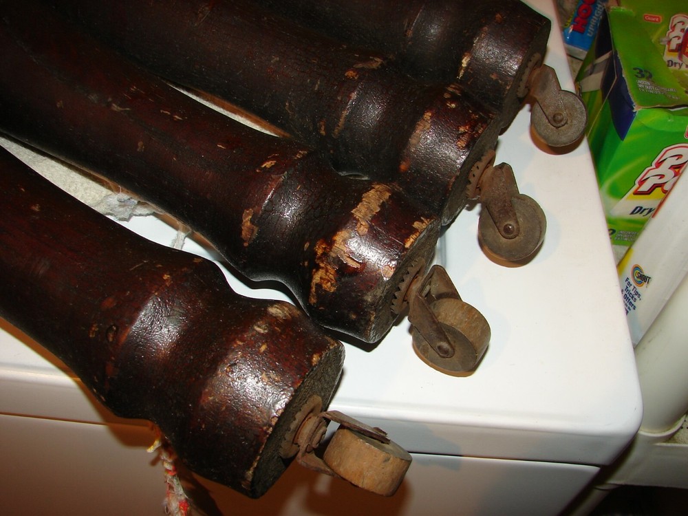 4 Antique Oak Turned Table Legs w/ Rollers 3 1/8" Diameter 24 1/4" Length + Roll