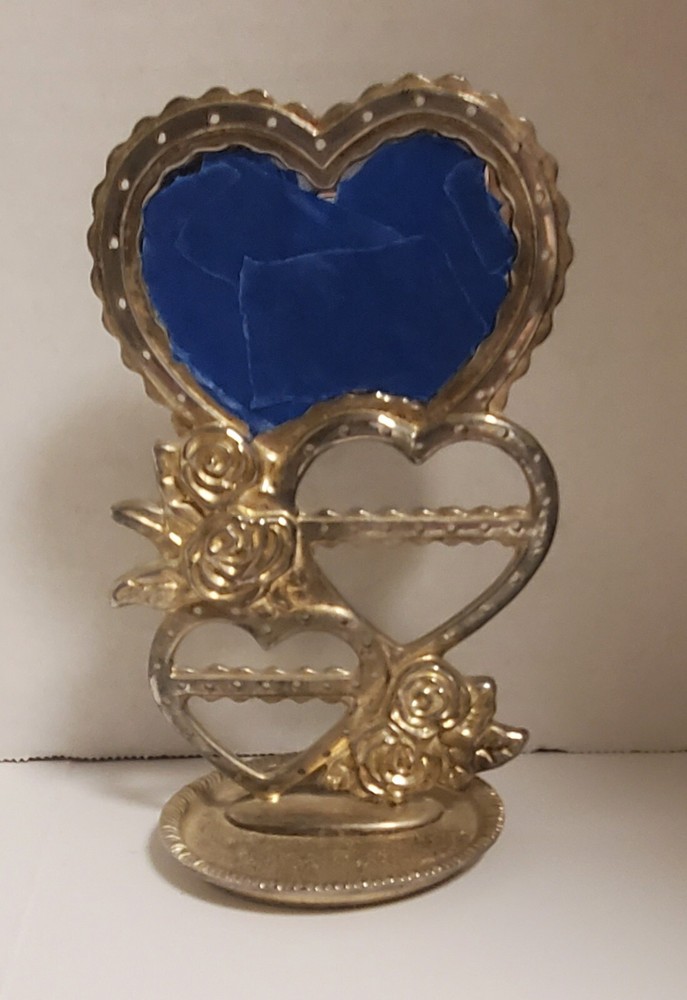 Vntg silver plate hearts and roses mini vanity/earring  tree with mirror.