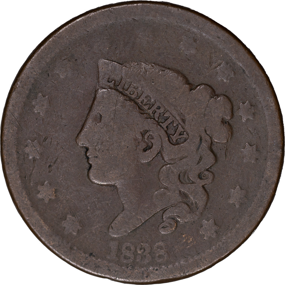 1838 1c Coronet Hair Large Cent ~ Good