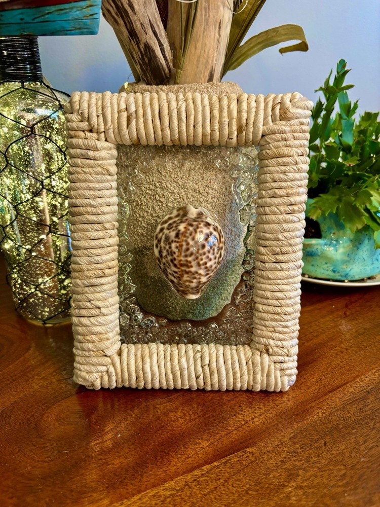Seashell Resin Art - Rustic Bamboo Style Frame With Crashed Glass