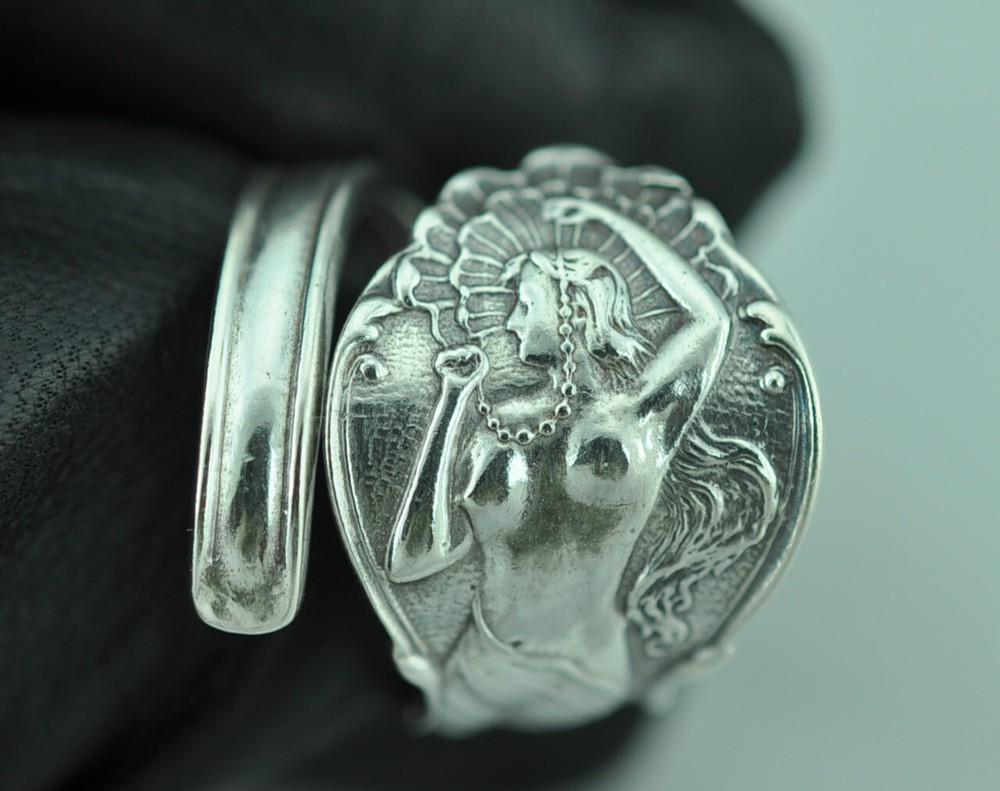 Solid 925 Sterling Silver Nude Venus Girl Lady Adjustable Spoon Ring