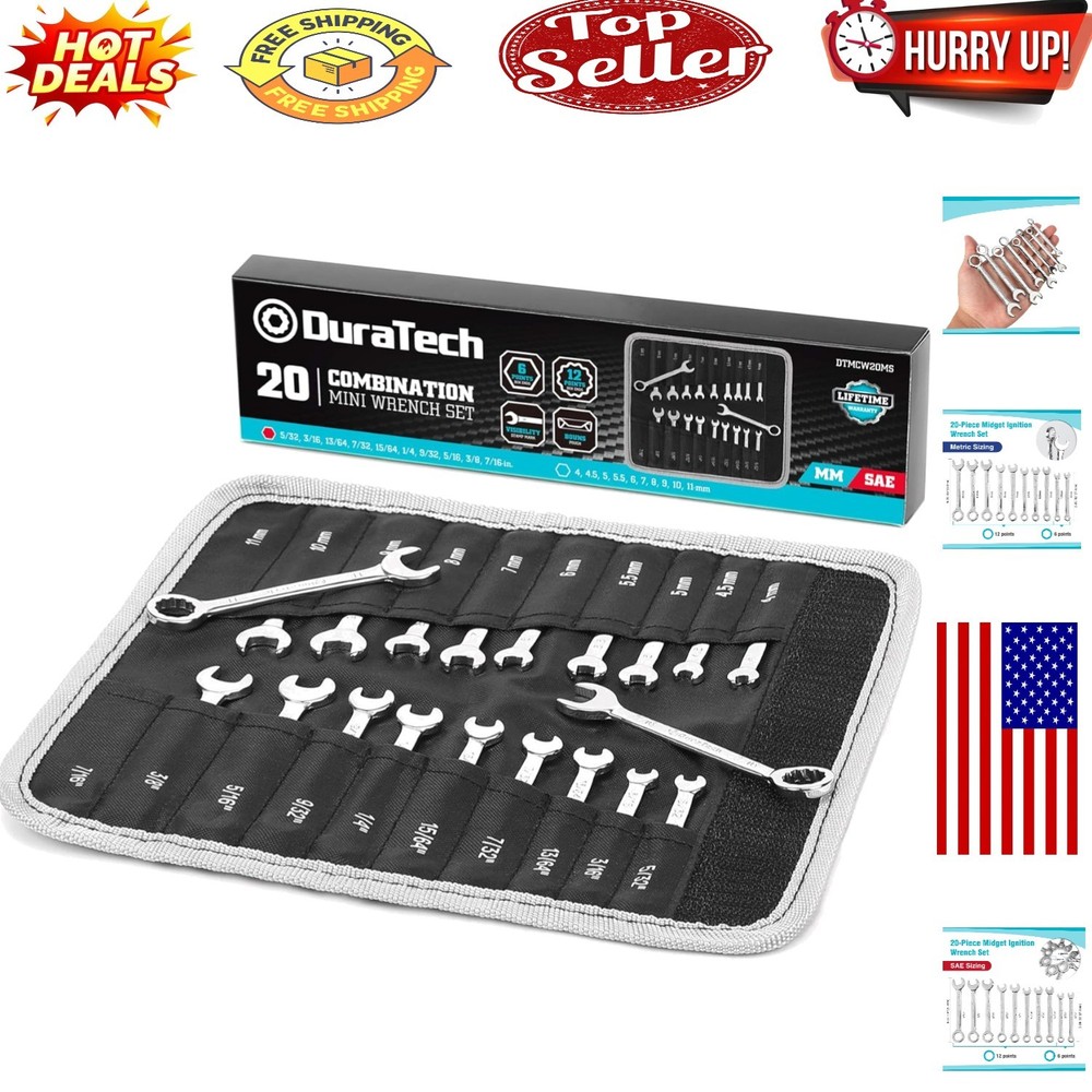 20-Piece Mini Wrench Set with Chrome Finish & Roll-Up Pouch