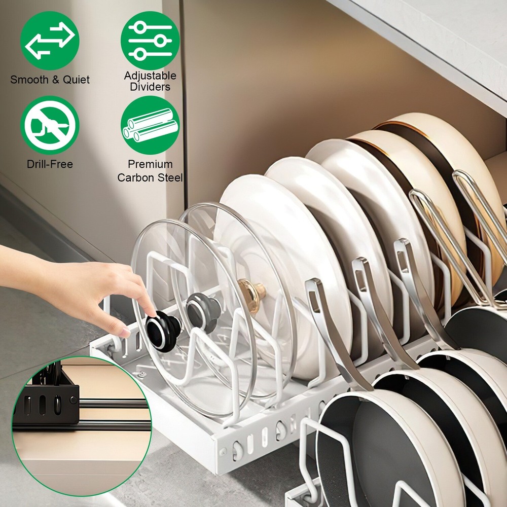 Pots and Pans Pot Lid Holder Pull out Storage Rack Kitchen Cabinet Organizer