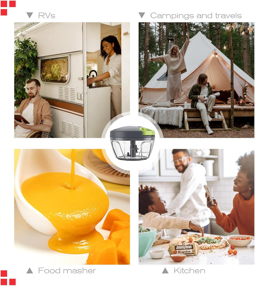 Manual Food Processor Vegetable Chopper, Portable Hand Pull, 500Ml, Grey