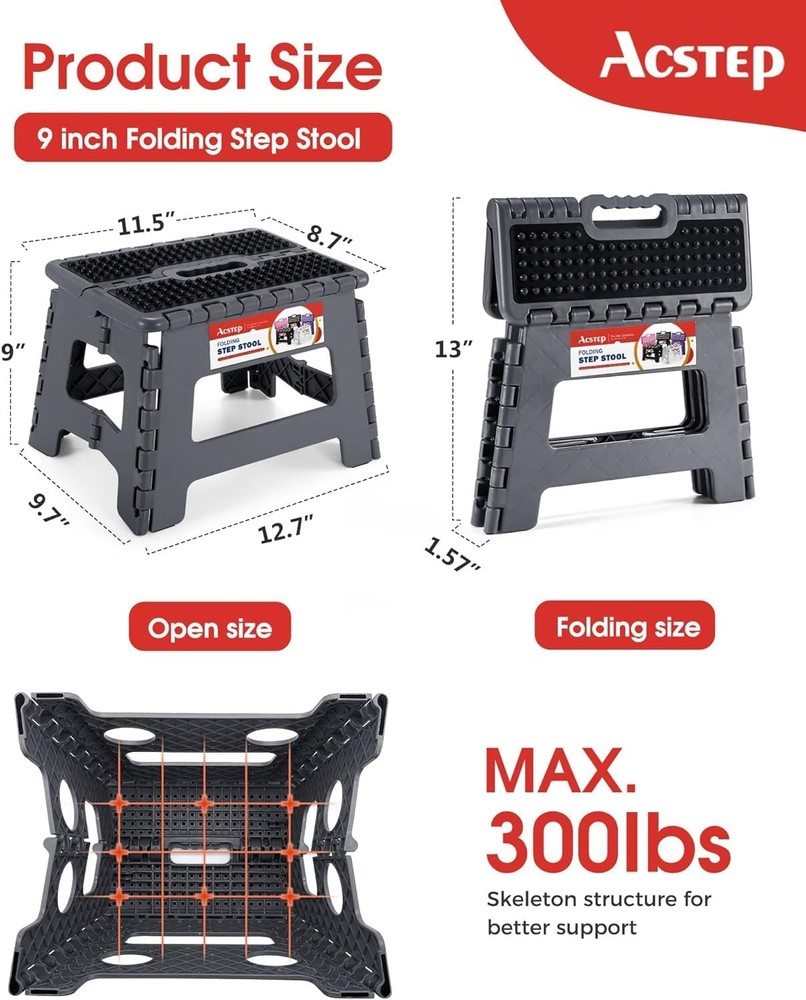 Folding Step Stool 9 inch Height Non-Slip Plastic Step Stools for Kids and Ad...