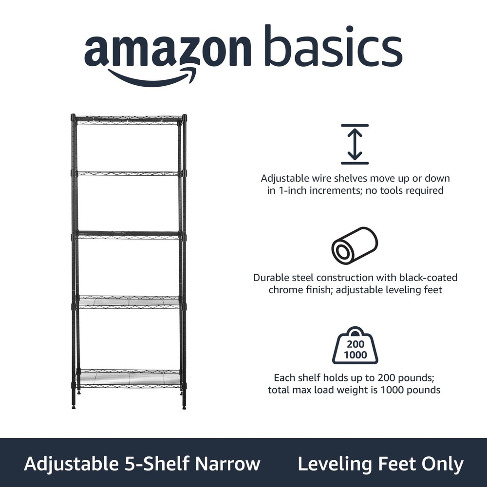 Amazon Basics 5-Shelf Multipurpose Adjustable Sturdy Steel Storage Shelving Unit