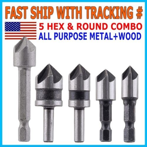 5pc Chamfer Countersink Deburring Drill Bit Set Crosshole Cutting Metal Tool Kit