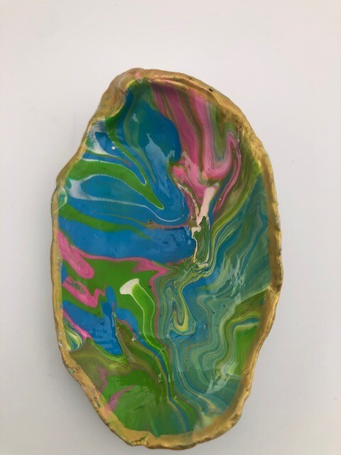 Hand Crafted Turquoise, Lime, Pink and White Paint Pour Oyster Shell