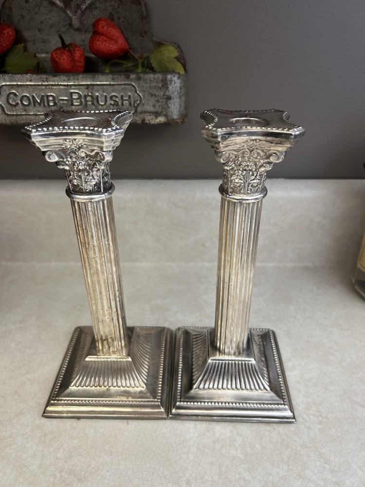 Antique Silver Plated Neoclassical Corinthian Column Taper Candlestick Pair