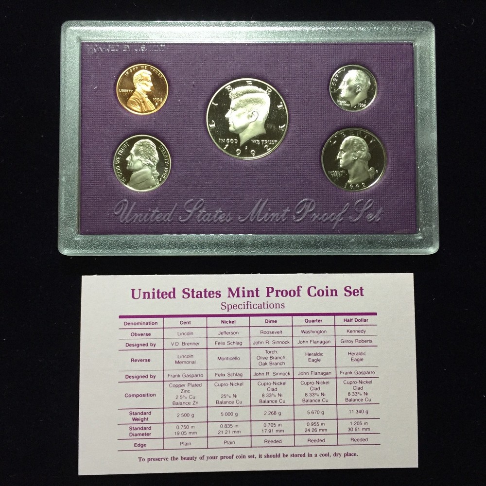 1992 US Mint Proof Set 5 Piece Clad Set COA