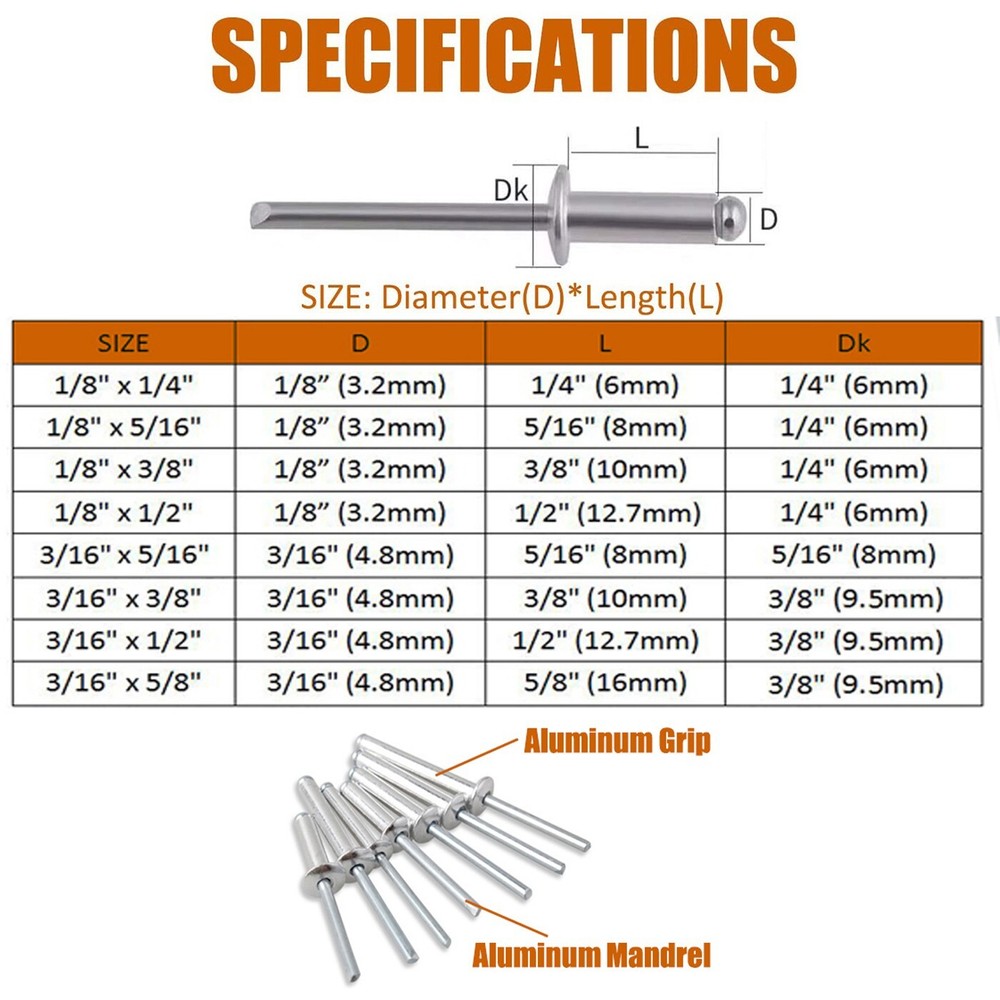 385PC Pop Rivets Assortment Kit Aluminum Blind Rivets 8 Size Blind Rivet