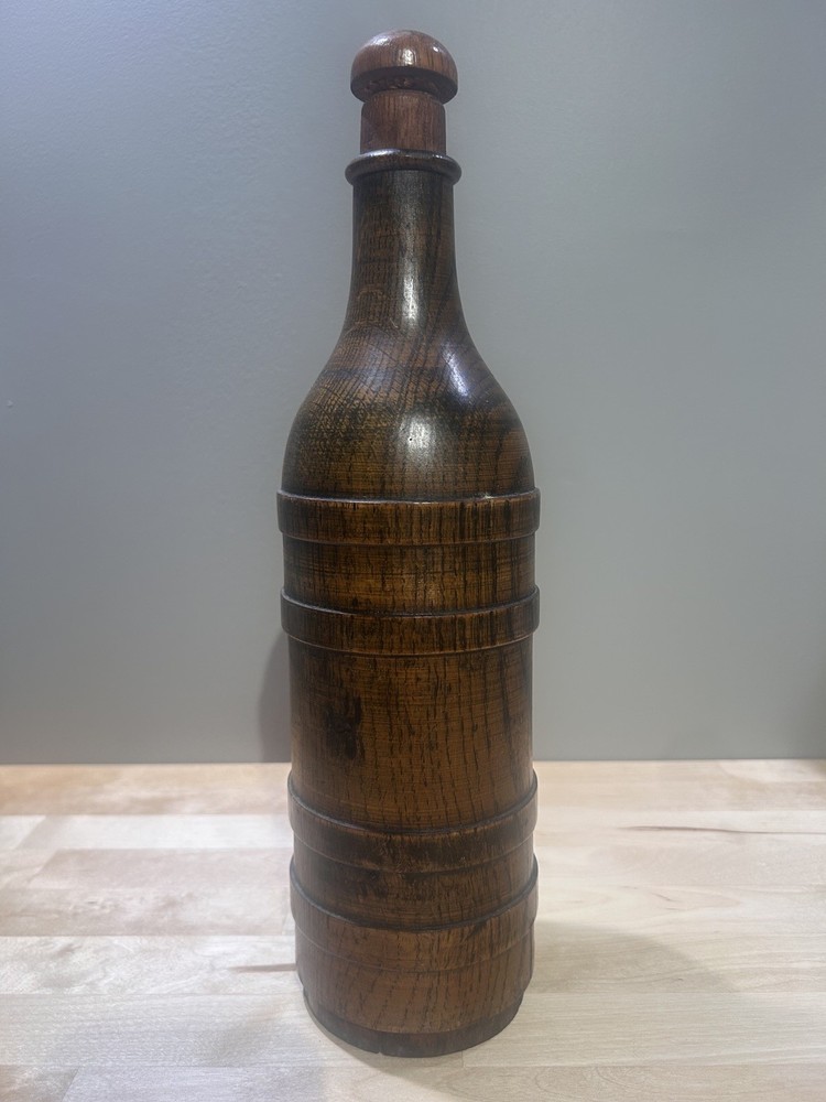 Antique Turned Oak Wood Whiskey Bottle 14" Tall w/ Stopper / marked batch number