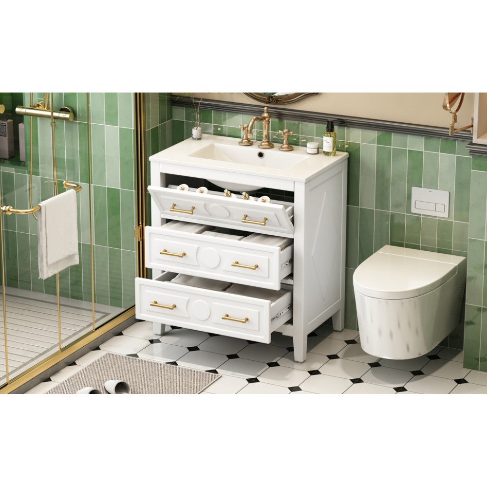 30'' Bathroom Vanity w/Ceramic Sink Combo 3 Drawers, Solid Wood Storage, White