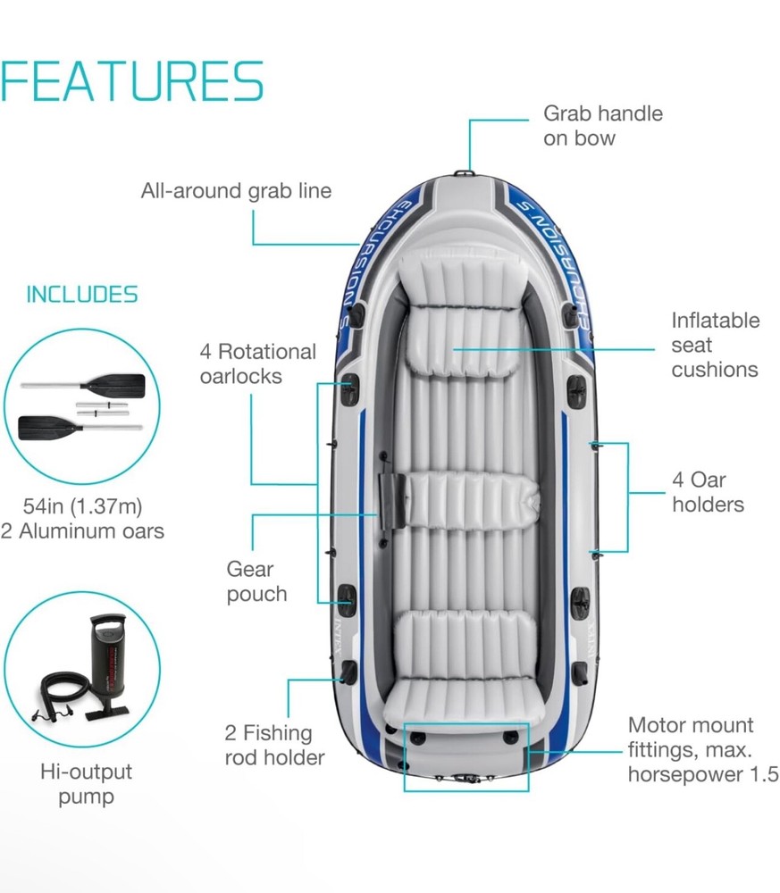 "INTEX Excursion Inflatable Boat Set: Oars, Pump, Rod Holders"