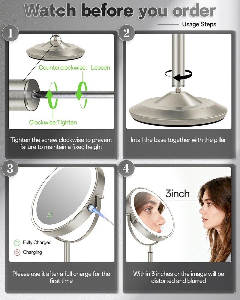 VFD 30X/1X Makeup Mirror with Lights, Height Adjustable Lighted Magnifying Va...