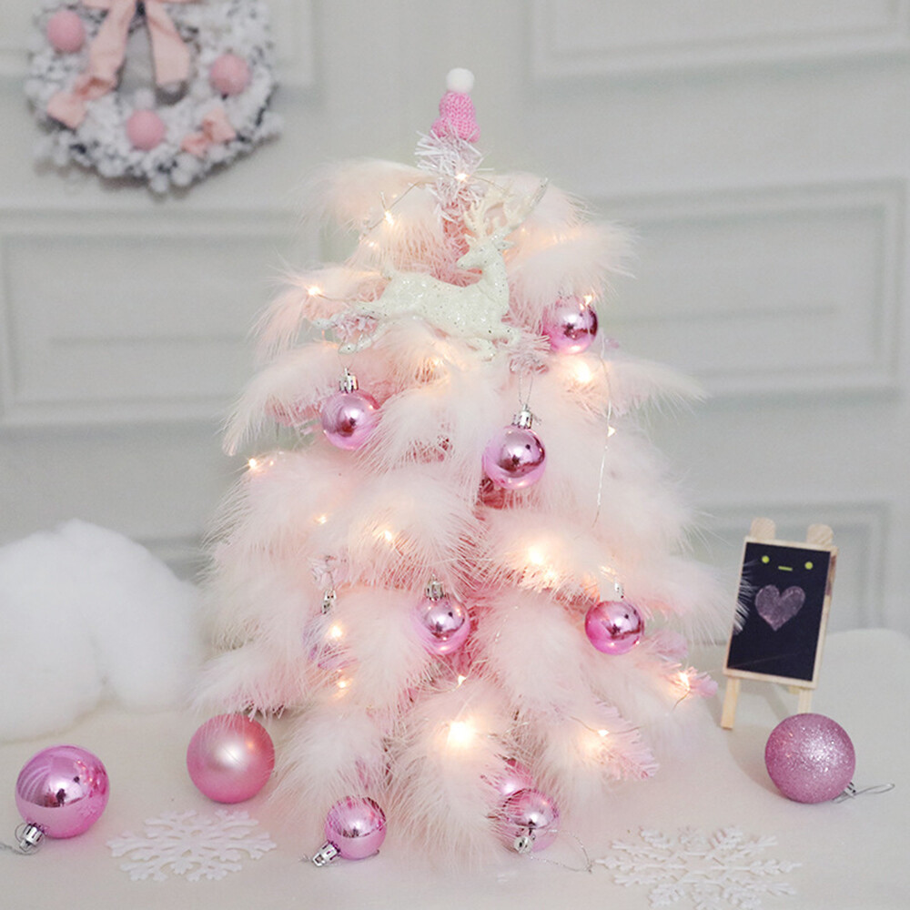 Artificial Mini Christmas Tree Feather with Light Ornaments Home Tabletop Decor