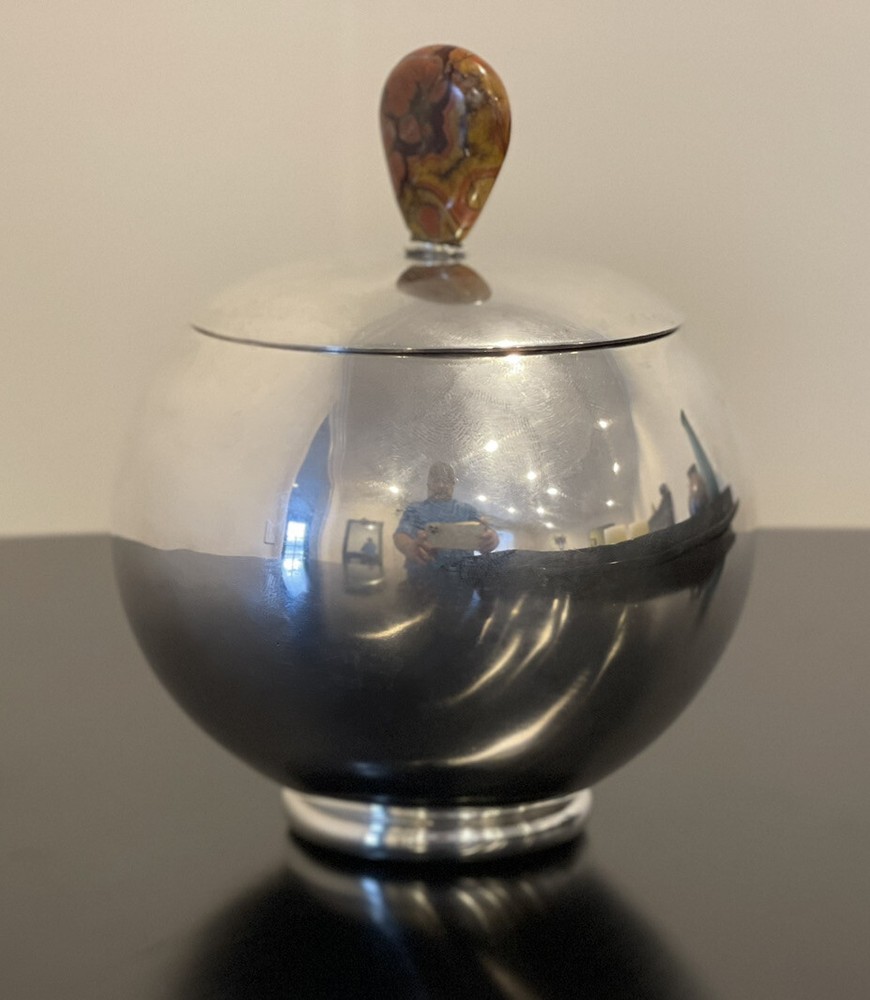 Mid-Century Modern MCM American Sterling Silver Covered Bowl with Agate Handle