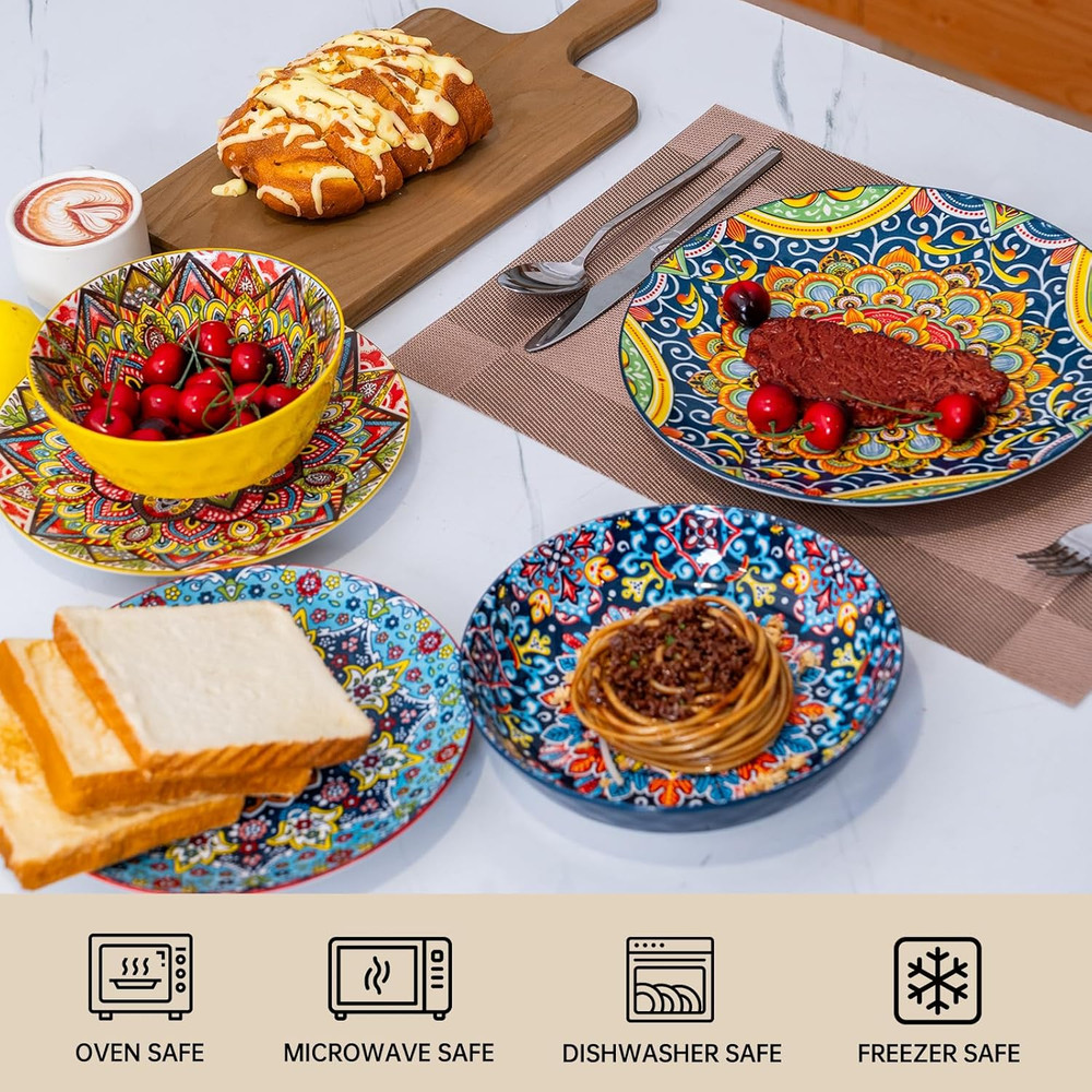 24 Pieces Dinnerware Sets, Ceramic Plates and Bowls Set, Microwave and Dishwashe