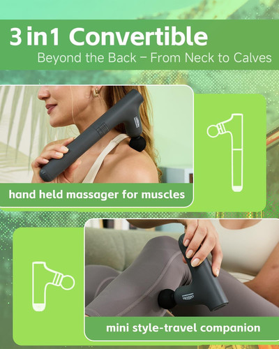 Convertible 3-in-1 Massage Gun Deep Tissue with Extended Handle, Back Grey