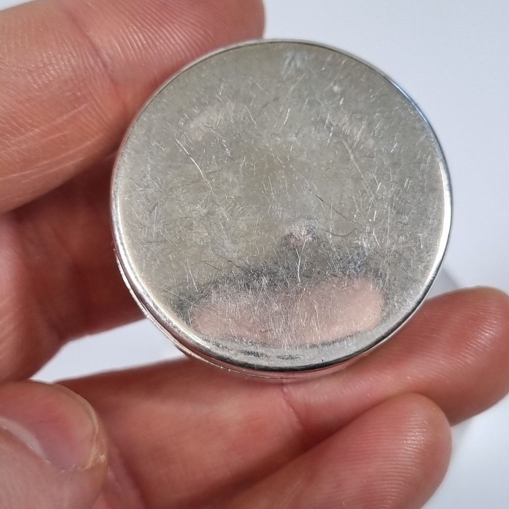 Egyptian Solid Silver Pill Trinket Box Decorated With Pharoah 3.4cm Diameter