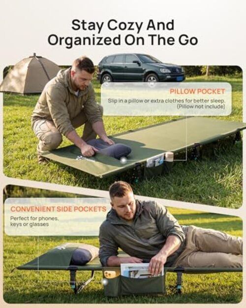 Camping Cot, 31.5'' Extra Wide Compact Folding Cot with Side Pocket Army Green