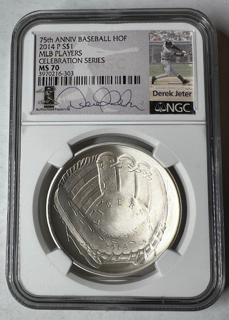 2014 BB HOF Silver Dollar – Derek Jeter signed – NGC MS70