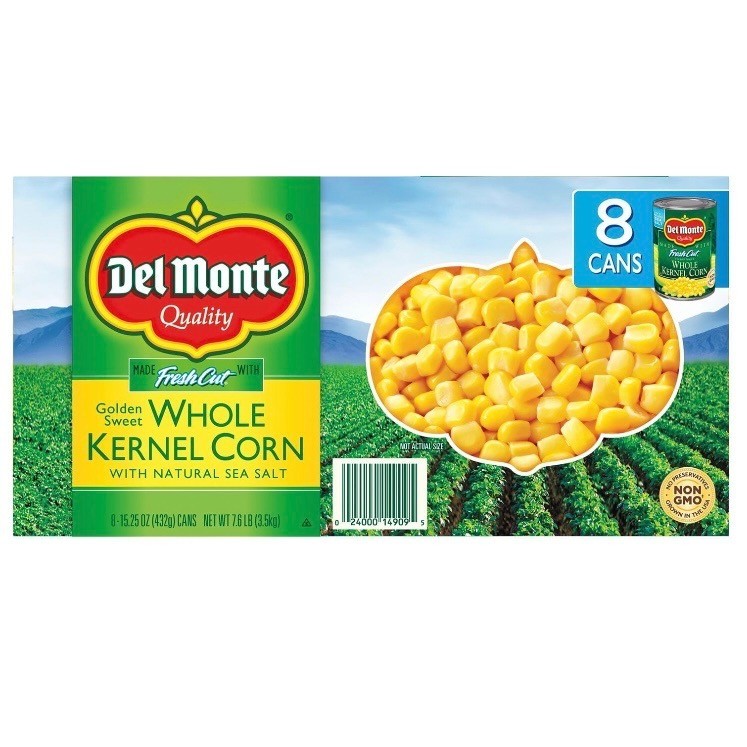 Del Monte Golden Sweet Whole Kernel Corn, 15.25 oz Cans – 8-Pack.