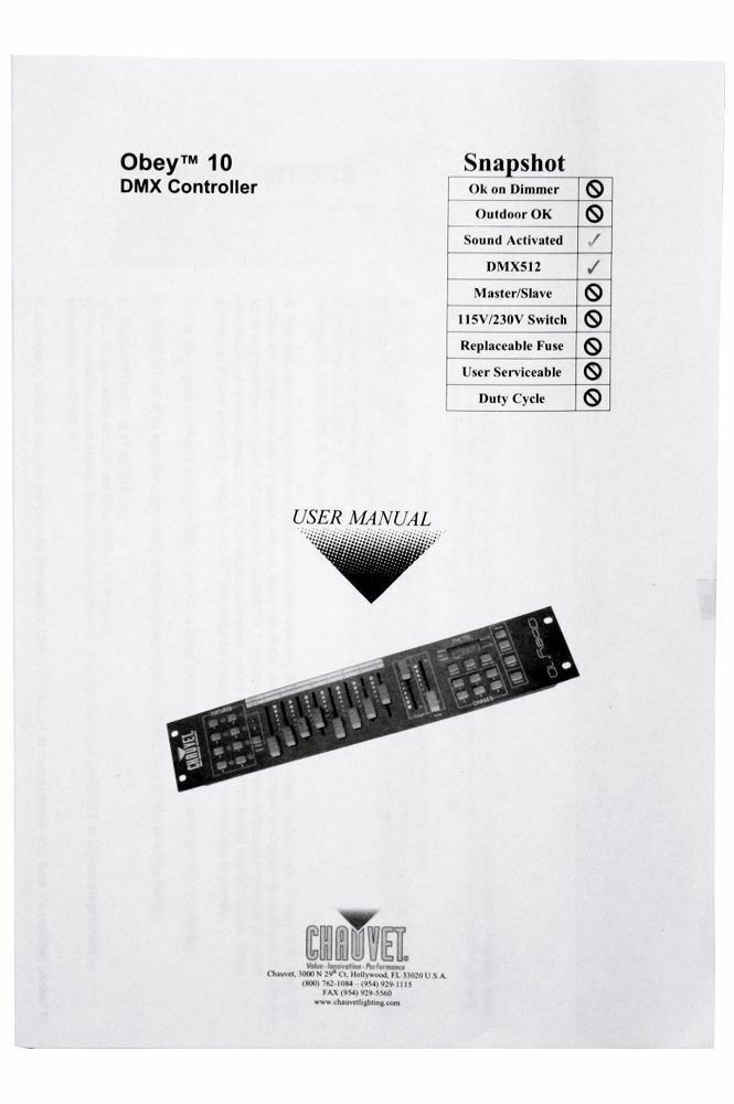 Chauvet Obey 10 LED Universal DMX-512 Lighting Controller + 10' + 25' Cables