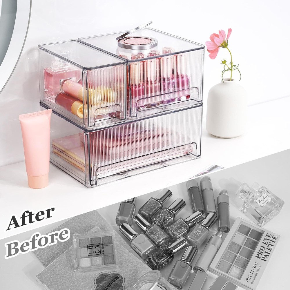 Clear Stackable Makeup Organizer, 3 Pack Plastic Drawer Storage with Handle f...