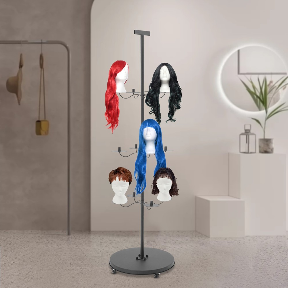 12-head Wig Display& Storage Rack Adjustable Wig Stand With Lockable Wheels