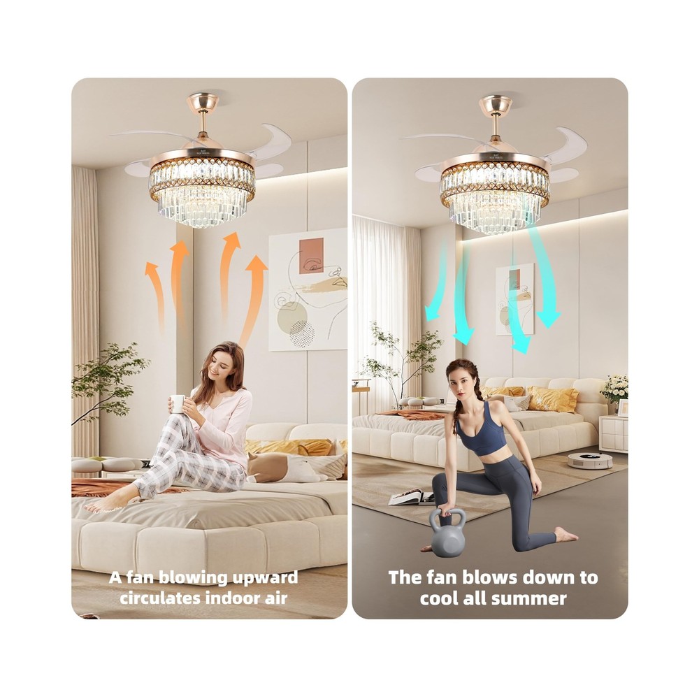 Retractable Crystal Ceiling Fan with Lights and Remote/APP Control, Bluetooth...