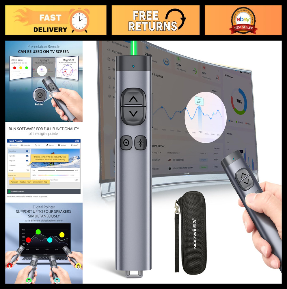 Wireless Presentation Clicker for PowerPoint, Bluetooth Remote, Digital Pointer