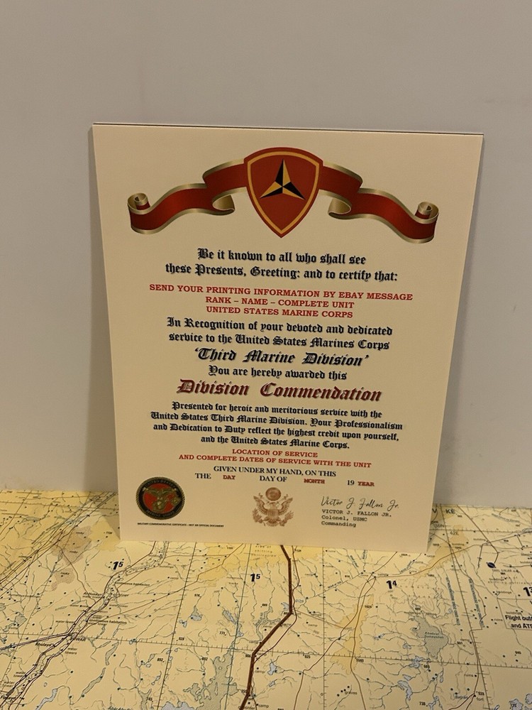 U.S.M.C. / THIRD MARINE DIVISION ~ DIVISION COMMENDATION REPLACEMENT CERTIFICATE
