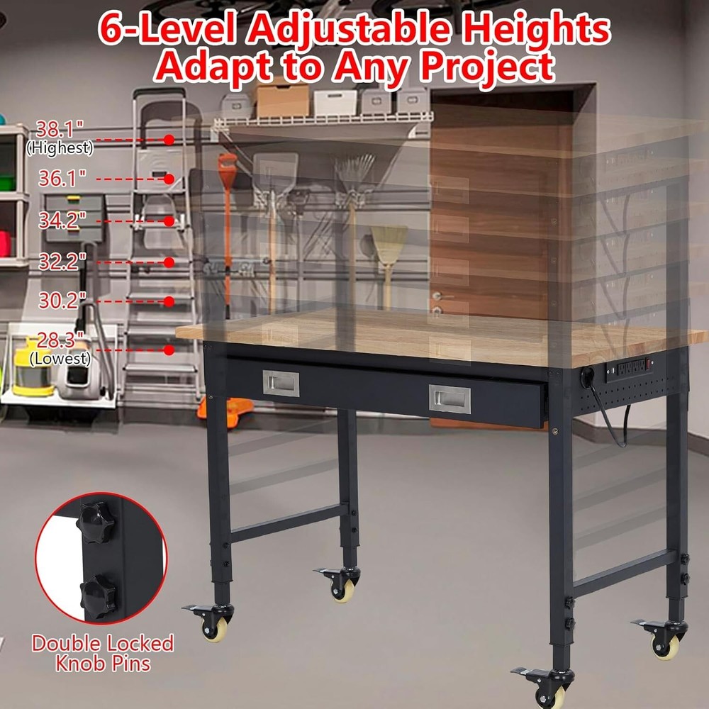 48" Adjustable Workbench with Drawer 4 Wheels for Garage Worktable 2000lbs