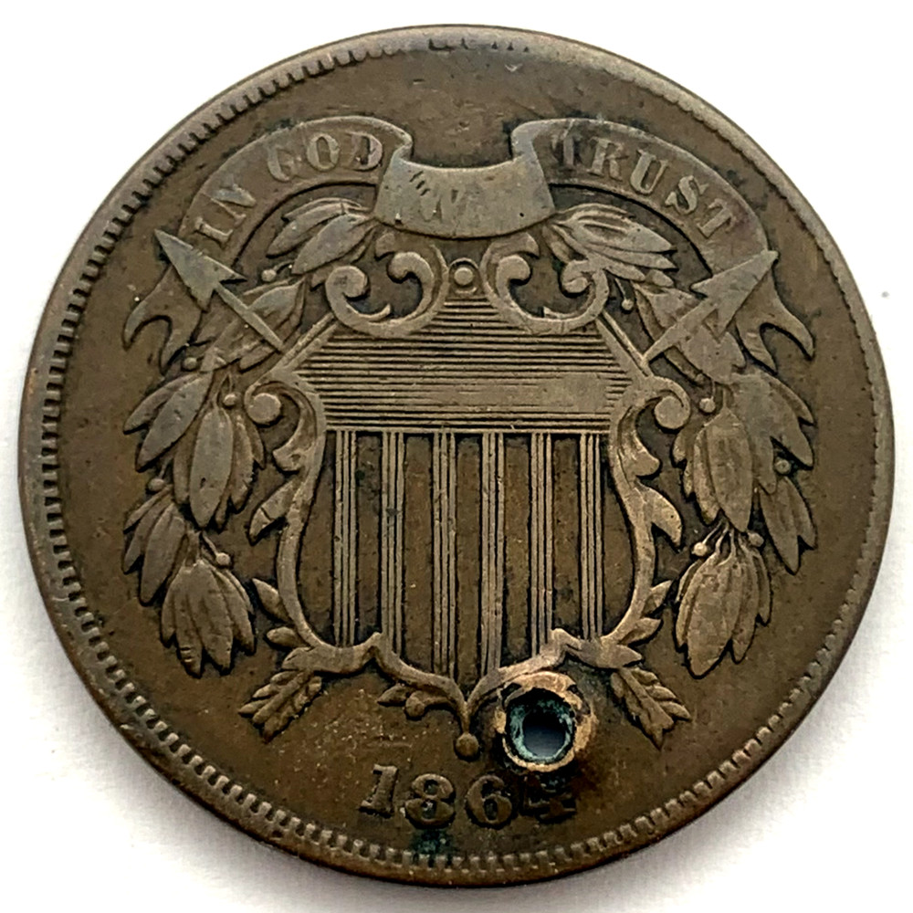 1864 Large Motto 2C Two Cent Piece: Holed