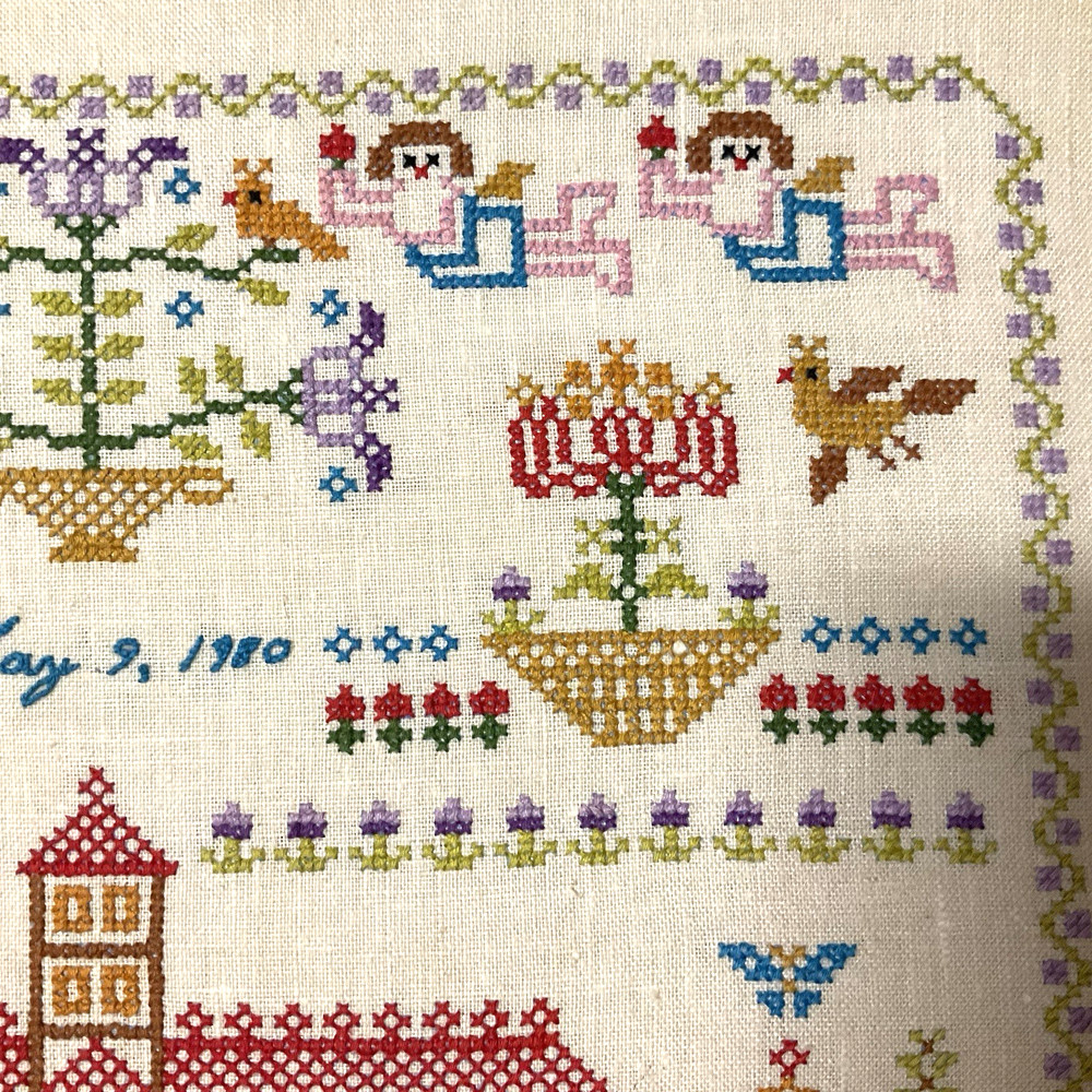 Vtg Completed Framed Counted Cross Stitch Graduation Scene 18x18 Excellent Work