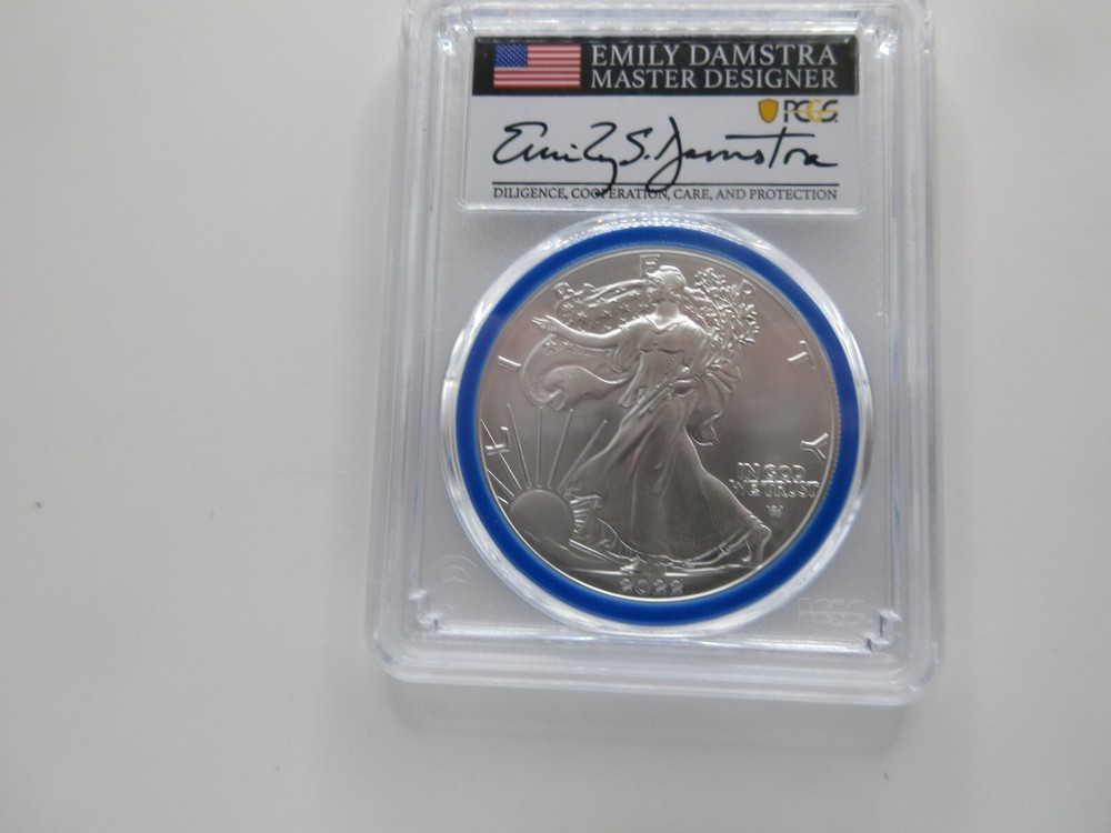 2022-W Burnished Silver Eagle Advanced Release; Mint Designer Damstra PCGS SP70
