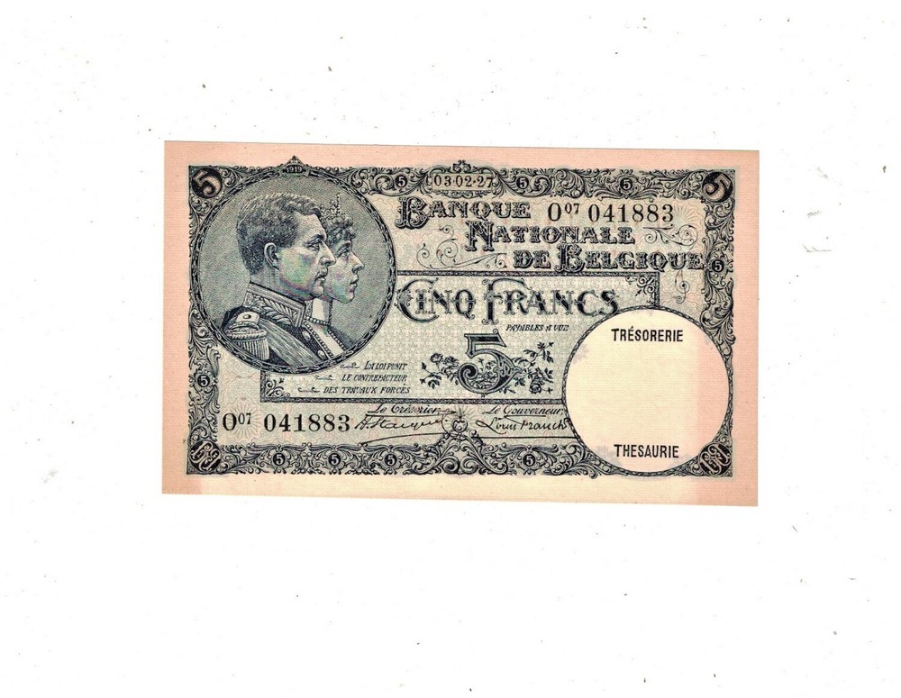 BELGIUM 1927 5 FRANCS CRISP UNC PB1