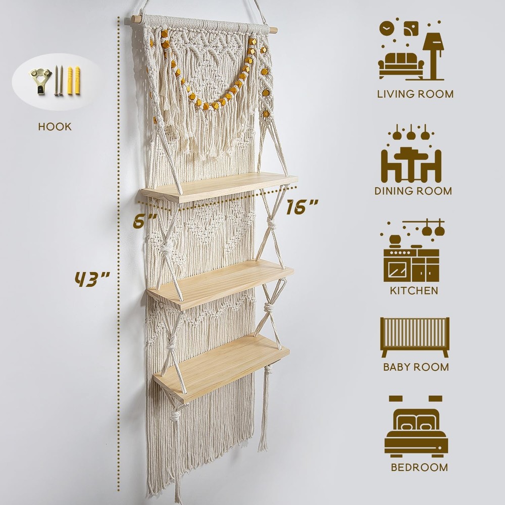 Macrame Wall Hanging Shelf- Macrame Shelves Handmade Decorative Floating Boho...