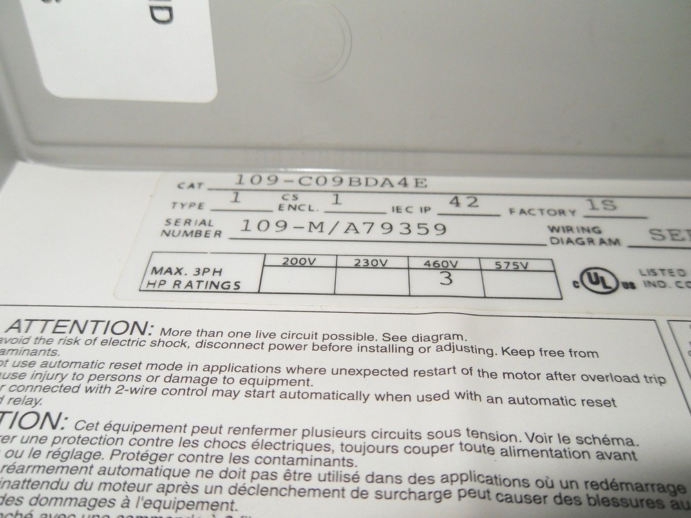 1 Allen-Bradley 109-C09BDA4E PUMP STARTER