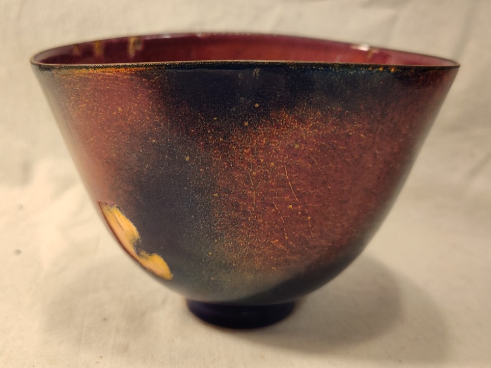 Vintage Brutalist Enamel On Copper Bowl Signed