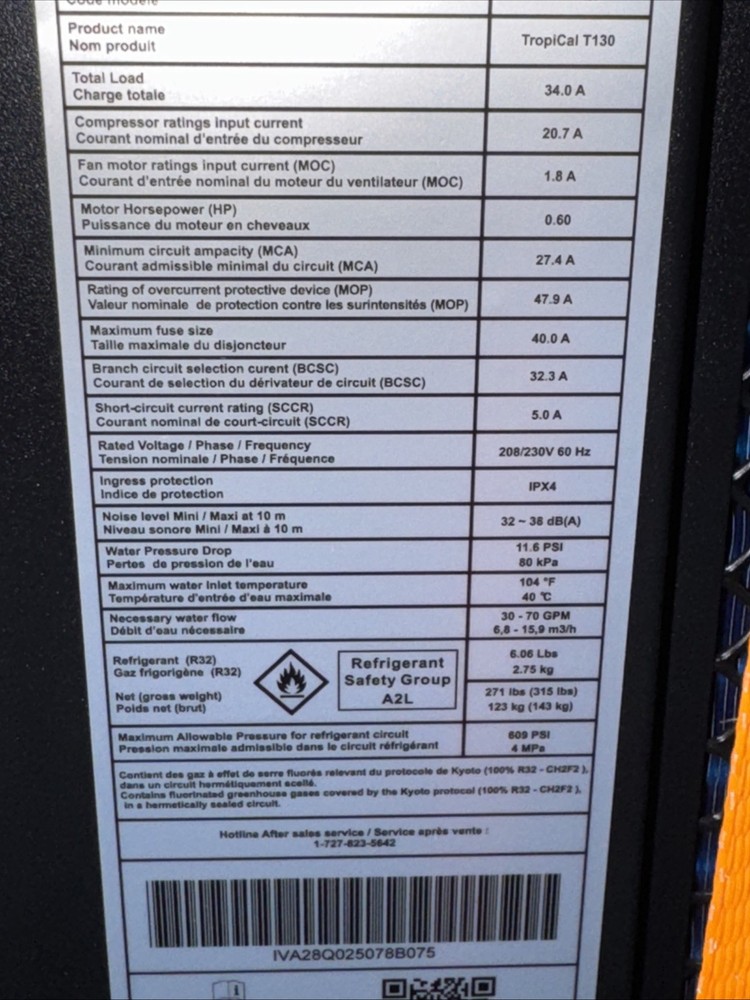 TropiCal T130 Pool Heater Heat Pump
