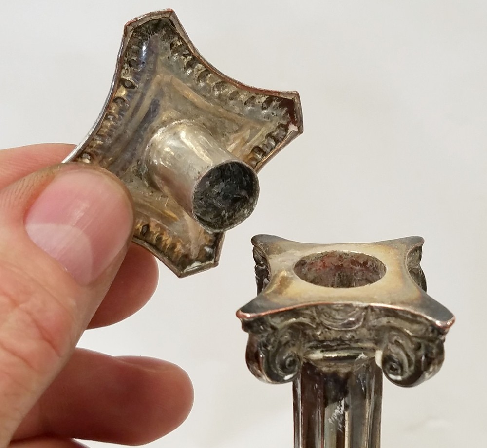 Pair Antique Sheffield Silver on Copper Neo-classical Taper Candlesticks
