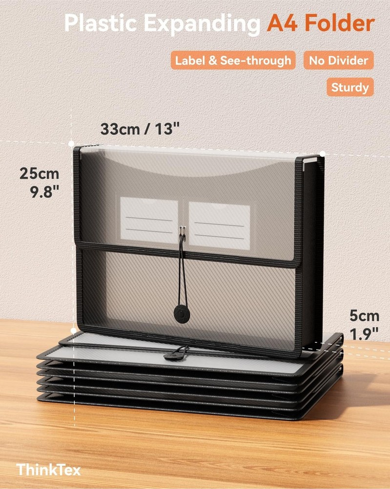 ThinkTex Plastic Expanding File Folders, Transparent Envelopes with Elastic C...