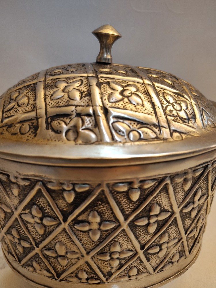 Silver Plate Salt Cellar Lidded Caddy Embossed India