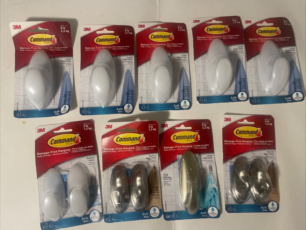 Lot! Command Medium 3lb/ Large 5lb Bath Hooks, Water Resistance Strips, 12 Hooks