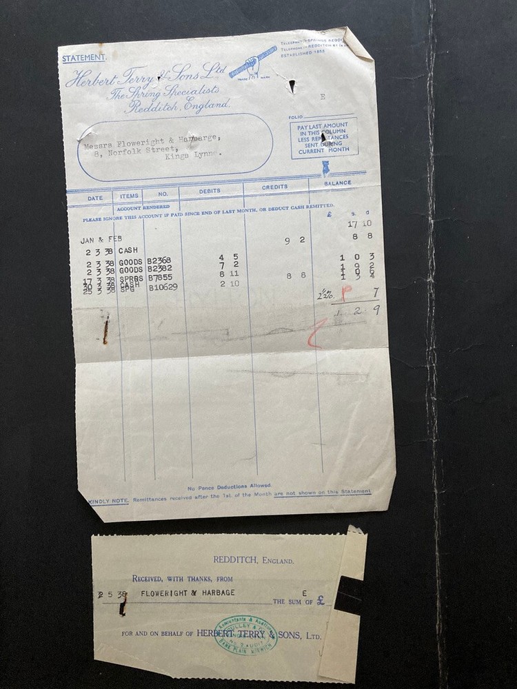 1938 Herbert Terry & Sons Spring Specialists Redditch letterhead receipt invoice
