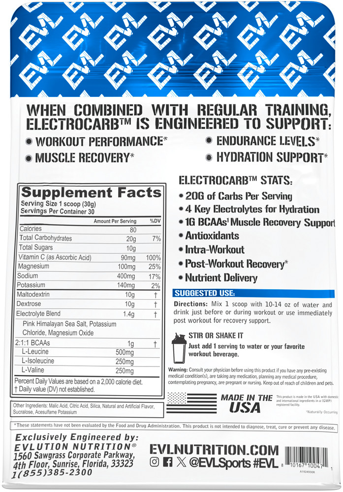 Evlution Nutrition ElectroCarb - Hydration Support - Blue Raspberry - 30 Serving