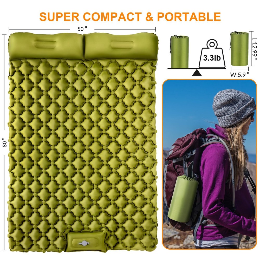 Double Sleeping Pad, Ultralight 4" Extra-Thick Self Inflating Sleeping Mat fo...